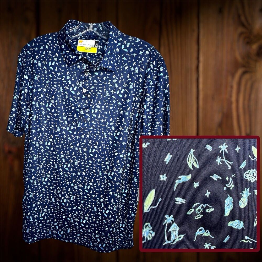 Jack Nicklaus ECO Choice Mens Blue Short Sleeve Graphic Polo Shirt Size Small